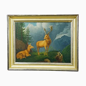 Fallow Deer with Doe in the Alps, Oil on Canvas, 19th Century, Framed