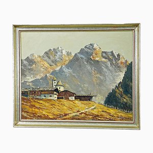 Paisaje alpino con pueblo de montaña tirolesa, principios de 1900, óleo sobre cartón, enmarcado