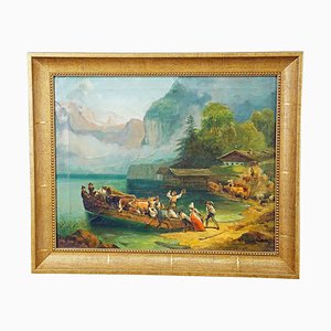 Cattle Carriage on an Alpine Lake, Oil on Canvas, 19th Century, Framed