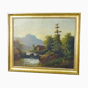 Summer Mountain Landscape with Waterfall and Hut, 19th Century, Oil on Canvas, Framed