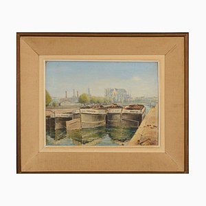 Montjean Canal & St Felix Cathedral, Nantes, 20th Century, Oil on Cardboard, Framed