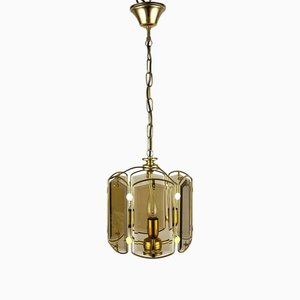 Mid-Century Cut Smoky Glass and Gilt Brass Pendant Lantern