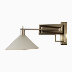 Italian Extendable and Adjustable Wall Lamp in Nickel-Plated Brass and Satin Glass Lampshade, 1970s