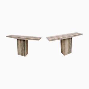 Italian Console Table in Travertine with Brass Details, 1970
