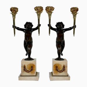 Candleholders in Bronze and Marble, Early 19th Century, Set of 2