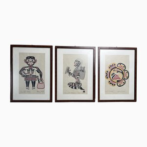 Henry Hunt, Noreen Hunt & Patrick Amos, First Nations Figurative Artworks, años 60, impresiones, enmarcadas, juego de 3