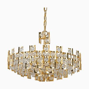 Large Gilt Brass and Crystal Glass Chandelier attributed to Palwa, Germany, 1960s