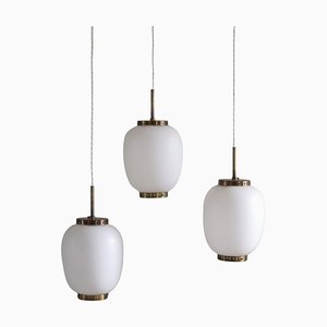 Danish Modern Opal Glass & Brass China Pendel Ceiling Lamps by Bent Karlby from Lyfa, 1950s, Set of 3