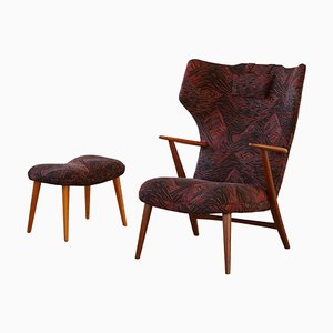 Sillón de orejas de teca y taburete de Madsen & Schubell, años 50. Juego de 2