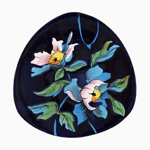 Troubadour Dish in Glazed Ceramics with Hand-Painted Flowers, Longwy, France