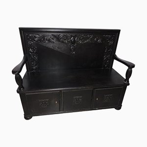 Antique Black Bench with Carvings & Storage