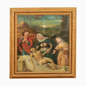 Artista de la escuela del norte de Italia, Lamento por el Cristo muerto, 1600, óleo sobre lienzo, enmarcado