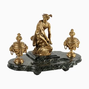Bronze & Marble Inkwell attributed to Jean-Marie Pigaltary, France, 19th Cennury