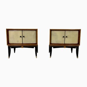 Italian Art Deco Parchment, Maple and Walnut Briar Nightstands, 1940s, Set of 2