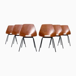 Mid-Century French Modern Tonneau Brown Leather & Metal Dining Chairs by Pierre Guariche for Maison Du Monde, 1950s, Set of 6