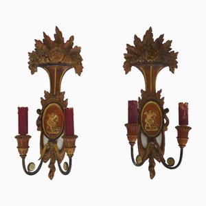 Large Empire Style Italian Wall Lights in Gilt and Painted Wood, Set of 2