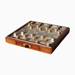 Chess Board in Wood and Brass, Italy, 1970s, Set of 33