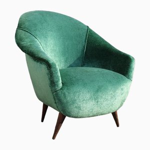 Italian Green Velvet Lounge Chair in the Style of Ico Parisi, 1950s