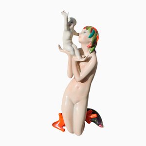 Statuetta Mamma Sirena in ceramica di Abele Jacobi per Lenci Italia, anni '30