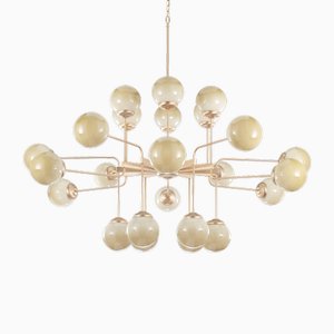 Large Ceiling Light with Brass Metal Frame and 24 Ivory Murano Glass Spheres, Italy, 1990s