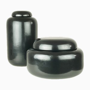 Italienische schwarze Keramikdosen, 1980er, 2er Set