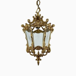 Antique Empire Style Bronze & Glass Lantern Pendant Light, France, 1920s