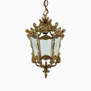 Lámpara colgante estilo Imperio antigua de bronce y vidrio, años 20