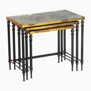 Hollywood Regency Nest of Tables in Bronze and Eglomized Glass from Maison Jansen, 1970s, Set of 3