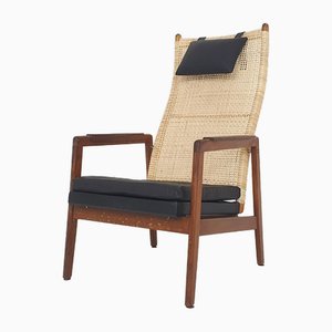 Fauteuil à Dossier Haut en Rotin et Cuir par PJ Muntendam pour Gebrüder Jonkers, Pays-Bas, 1950s