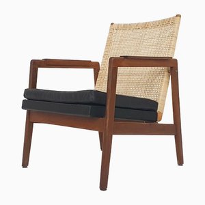 Fauteuil à Dossier Bas en Rotin et Cuir par PJ Muntendam pour Gebrüder Jonkers, Pays-Bas, 1950s