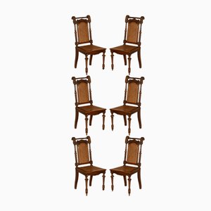 Antique Jacobean Revival Dining Chairs in Hand-Carved Walnut and Brown Leather, 1840, Set of 6