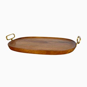 Large Walnut and Brass Tray Plate attributed to Carl Auböck, Austria, 1950s