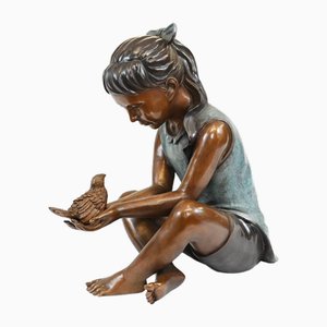 Bronze Kind und Vogel Statue Mädchen Casting