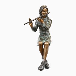 Female Bronze Flute Player Statue Seated Girl Casting
