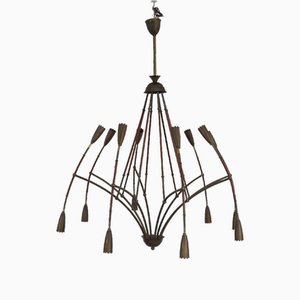 Leather and Brass Chandelier, 1940s