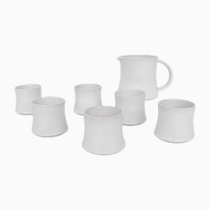 White Glazed Ceramic Pitcher and Glasses by Bucci, 1971, Set of 7