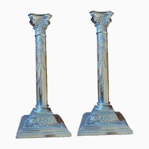 English Silver Candleholders, Set of 2