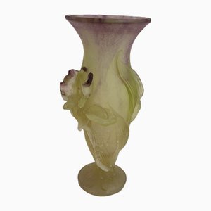 Vase en Verre à Haut Relief Violet et Jaune, France