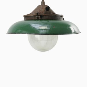 Vintage Industrial Green Enamel Cast Iron Holophane Glass Pendant Lamps