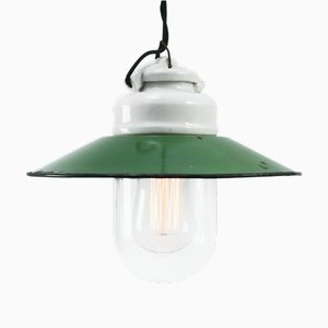 Vintage Industrial Green Enamel Porcelain and Clear Glass Pendant Light