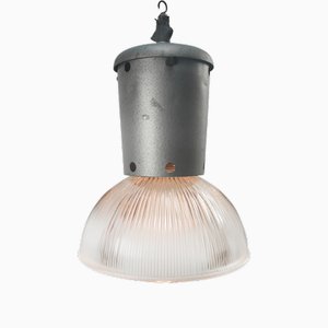 Lampes à Suspension Industrielles Vintage en Métal Gris et Verre Holophane Rayé Transparent