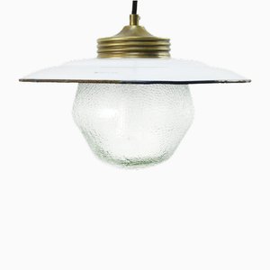 Lampes à Suspension Vintage en Laiton, Émail Blanc et Verre Givré