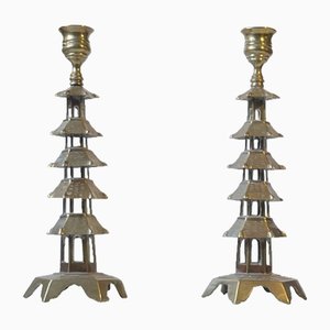 Chinese Brass Pagoda Candleholders, Set of 2