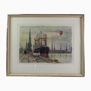 Karl-Heinz Böhme, Hamburg Hafen, 1994, Watercolor, Framed