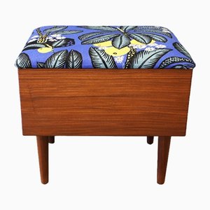 Danish Stool in Teak with Seat Covered in Notturno Linen Fabric, 1960s
