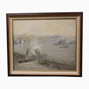 Escena portuaria, siglo XX, óleo sobre lienzo, enmarcado