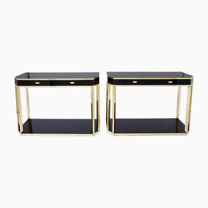 Black Lacquered Console Tables with Brass Details, by Jean Claude Mahey for Maison Roméo, 1970s, Set of 2