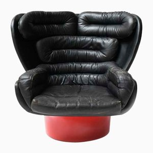 Elda Chair in Black Leather and Red Shell by Joe Colombo for Comfort, Italy