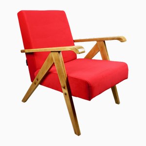 Red Armchair in Beech and Velvet, 1970s