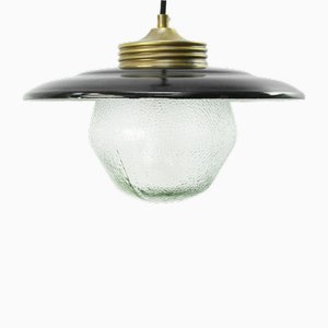Vintage Frosted Glass Pendant Lights in Brass and Black Enamel